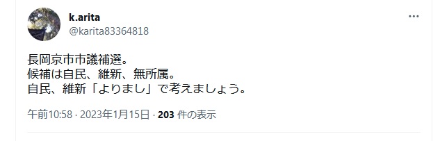 https://twitter.com/karita83364818/status/1614441788043046912 有田和生「長岡京市市議補選。 候補は自民、維新、無所属。 自民、維新「よりまし」で考えましょう。」 2023年1月15日午前10時58分 https://archive.md/uYZKS https://twitter.com/karita83364818/status/1614441788043046912 有田和生「長岡京市市議補選。 候補は自民、維新、無所属。 自民、維新「よりまし」で考えましょう。」 2023年1月15日午前10時58分 https://archive.md/uYZKS